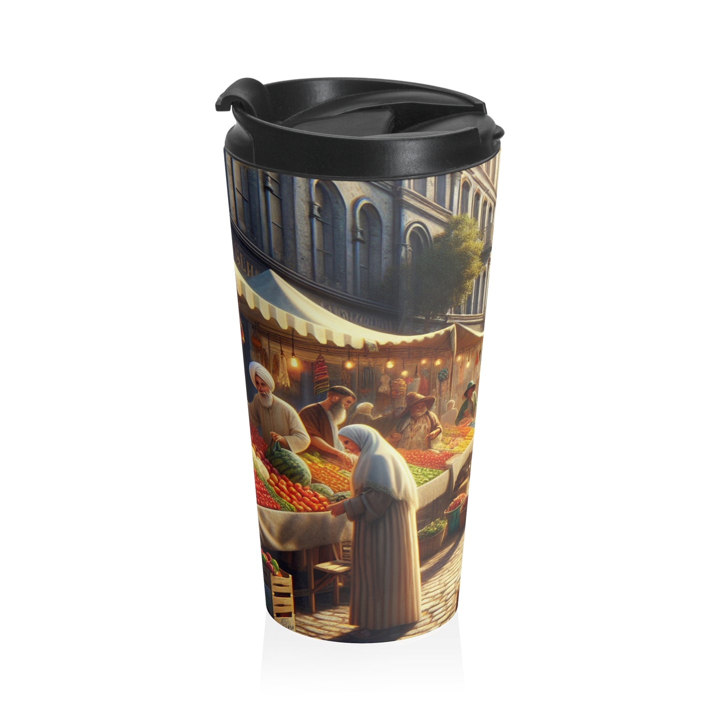 "Sunny Vibes at the Outdoor Market" - The Alien Stainless Steel Travel Mug Realism Style