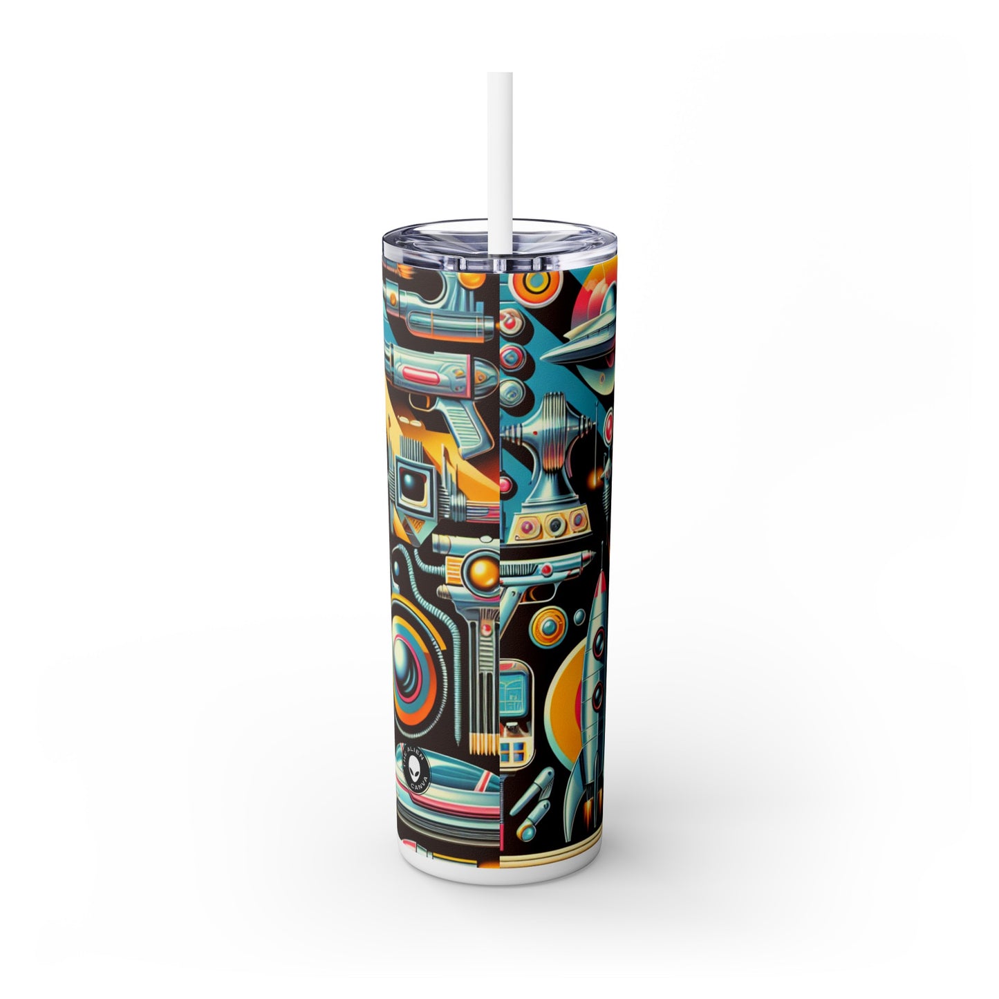 "Neon Deco: A Retro-Futuristic Utopia" - The Alien Maars® Skinny Tumbler with Straw 20oz Retro-futurism