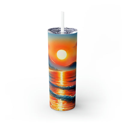 "Sunrise at the Beach" - The Alien Maars® Skinny Tumbler with Straw 20oz Watercolor Painting