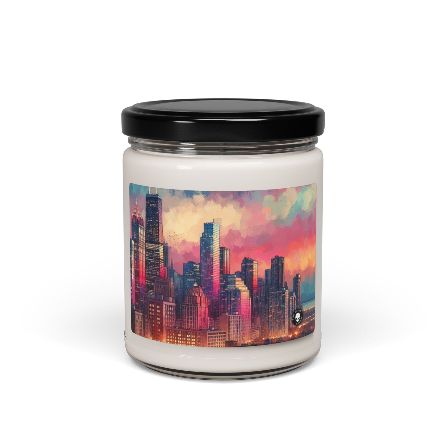 "Reflejos oscuros: horizonte de la ciudad al atardecer" - Vela de soja con aroma a alienígena de 9 oz