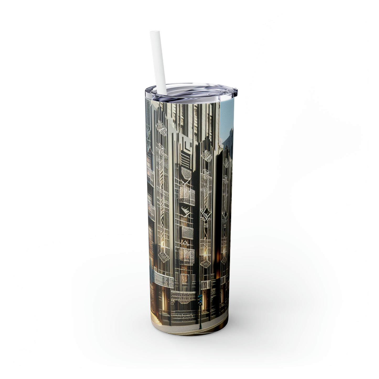 "Illuminating Elegance: An Art Deco City Street" - The Alien Maars® Skinny Tumbler with Straw 20oz Art Deco Style