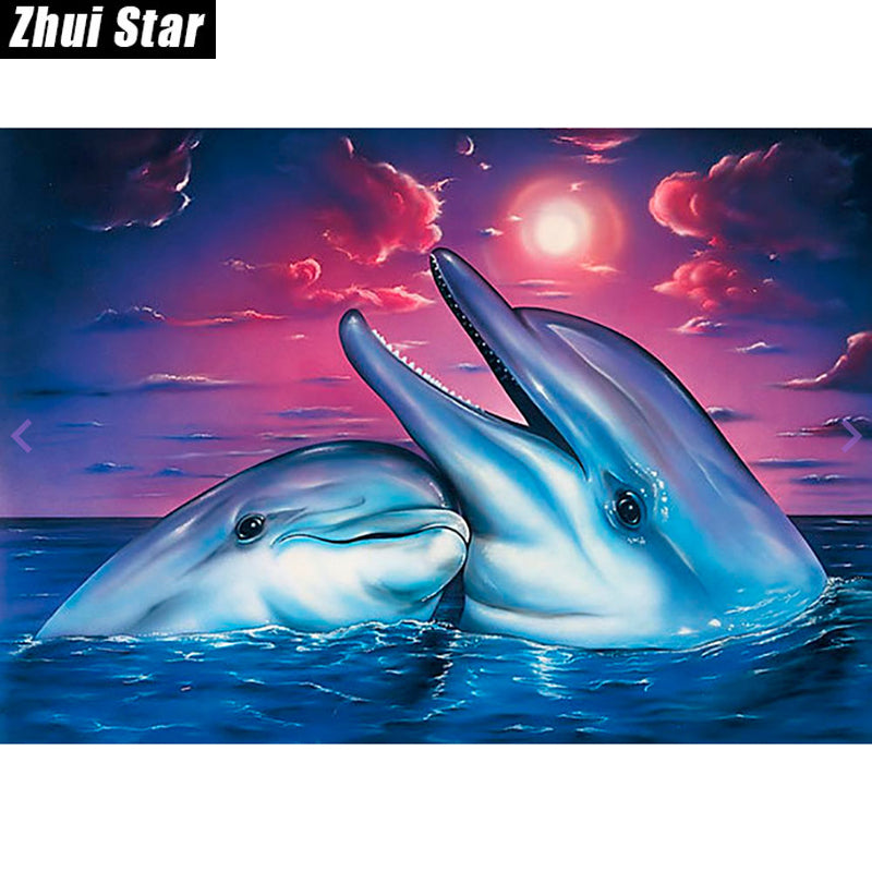 Full Square Diamond 5D DIY Diamond Painting Happy Dolphin Embroidery Cross  Rhinestone Mosaic Painting Decor