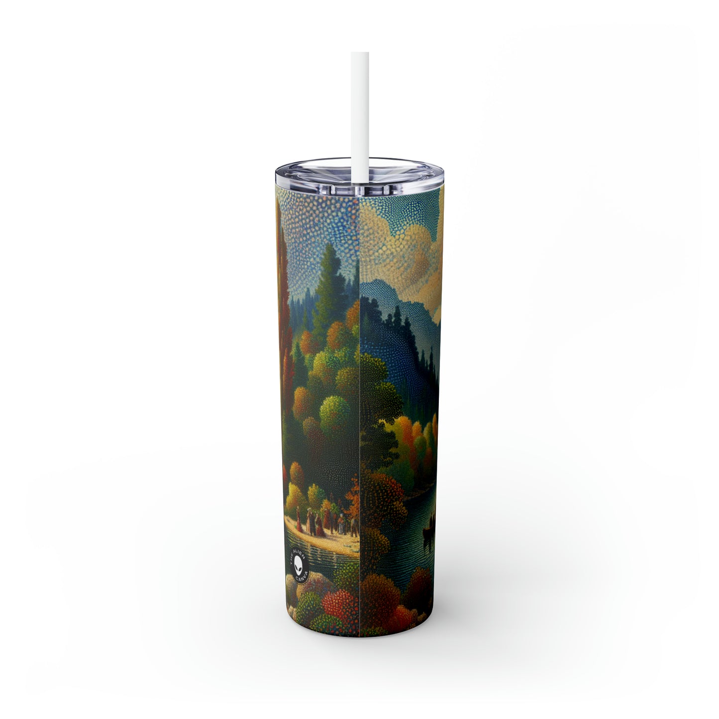 "Serenity in Dots: A Pointillism Sunset at the Beach" - The Alien Maars® Skinny Tumbler with Straw 20oz Pointillism