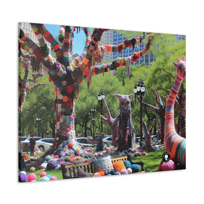 Title: "Yarnscaped City: A Whimsical Fiber Art Fusion" - The Alien Canva Yarn Bombing (Fiber Art)