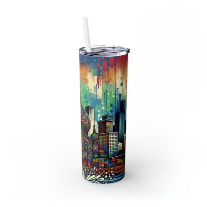 "Bright City: A Pop of Color on the Skyline" - The Alien Maars® Skinny Tumbler with Straw 20oz Street Art / Graffiti Style