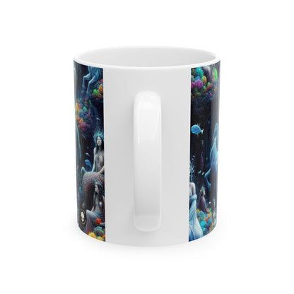 Taza de cerámica de 11 oz "Reino submarino encantado: sirenas y caballitos de mar" de The Alien