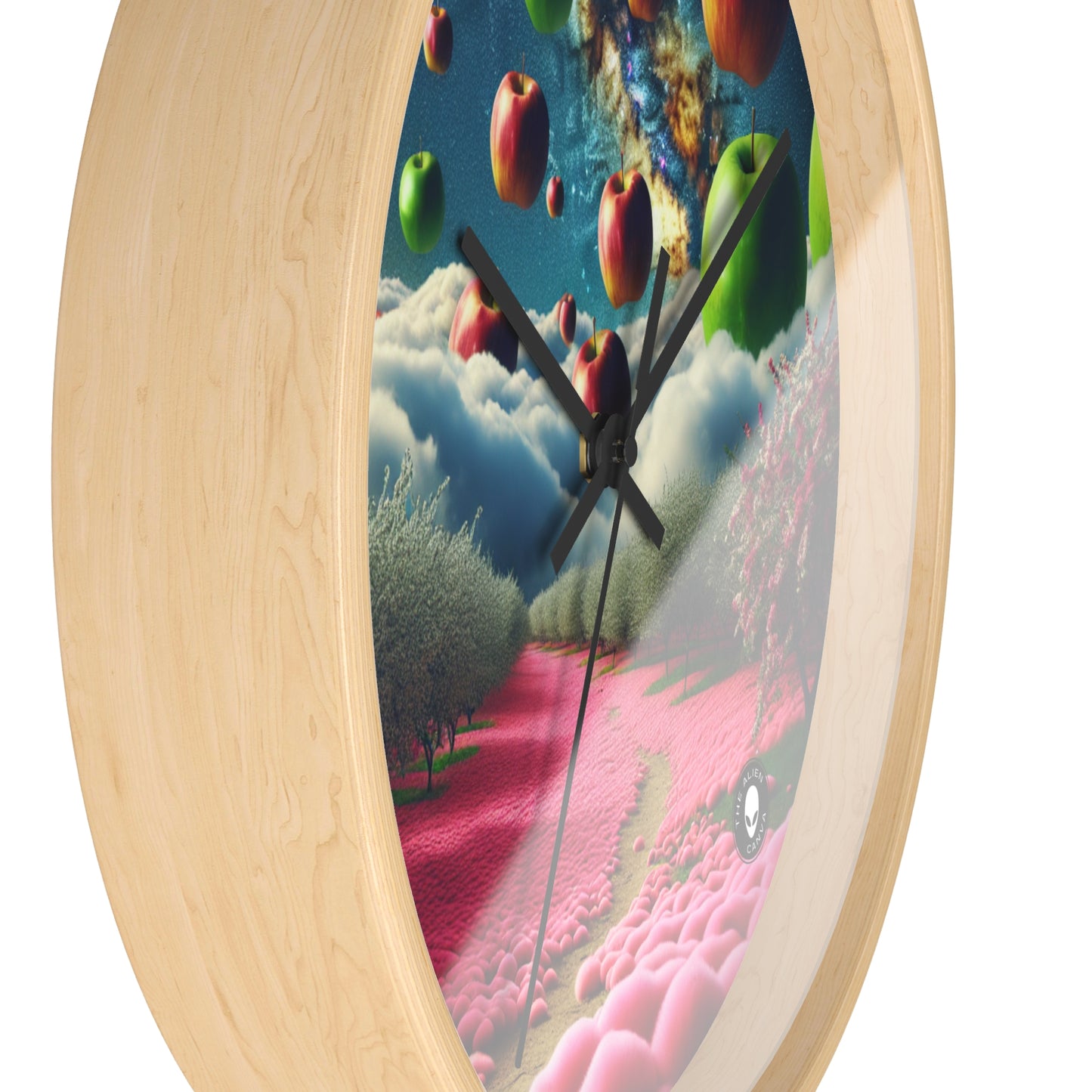 "Apple Sky and Pink Flower Carpet: A Surreal Landscape" - The Alien Wall Clock