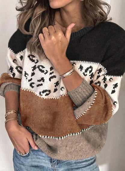 Leopard Print Stitching Fashion Knitted Sweater