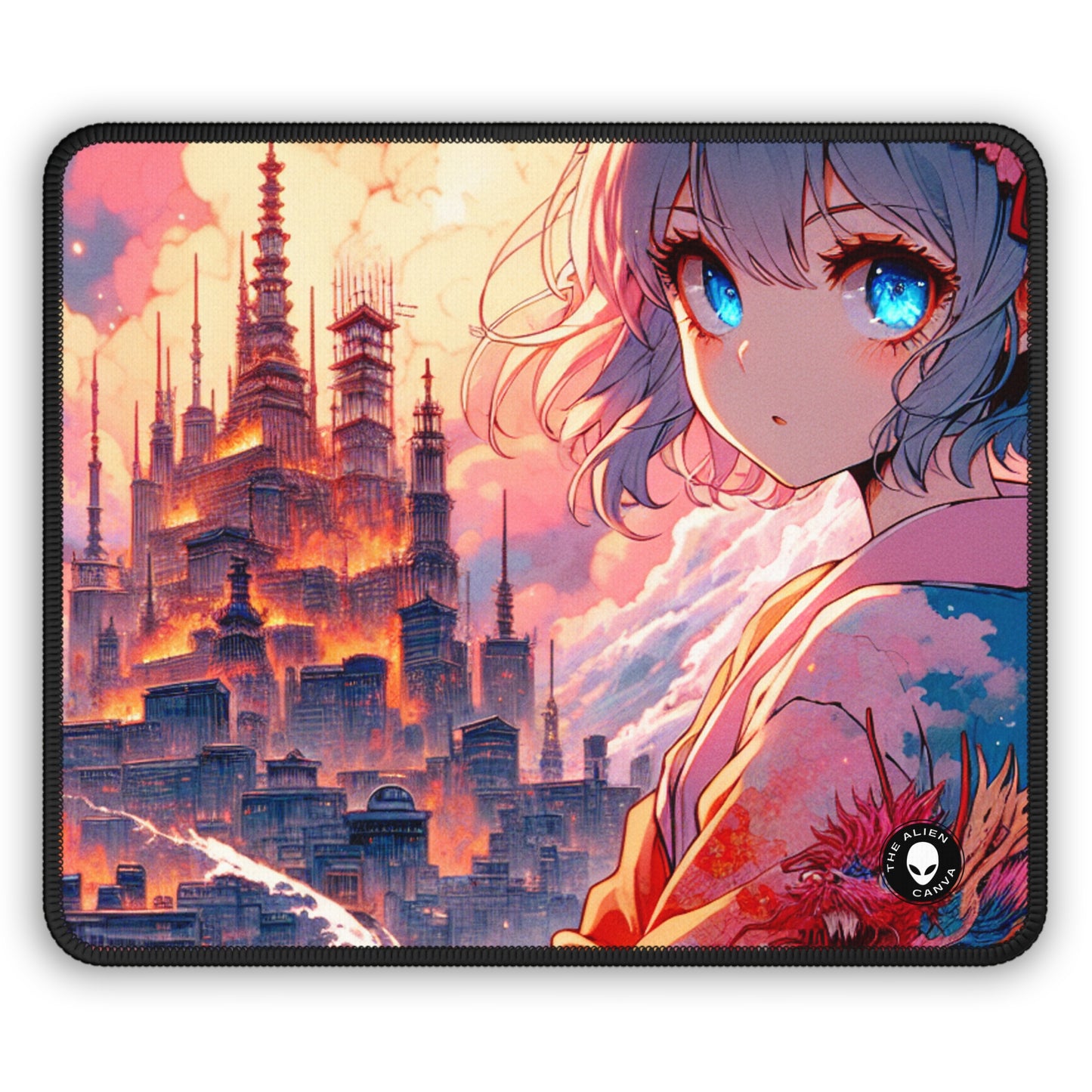 Title: "Swords ablaze: The Elemental Duel" - The Alien Gaming Mouse Pad Manga/Anime Art