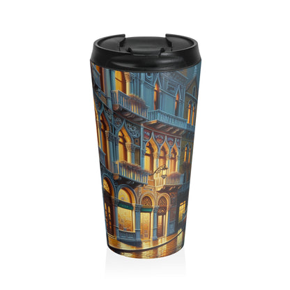 "Noche veneciana: una escena callejera luminosa" - Taza de viaje de acero inoxidable The Alien Venetian School