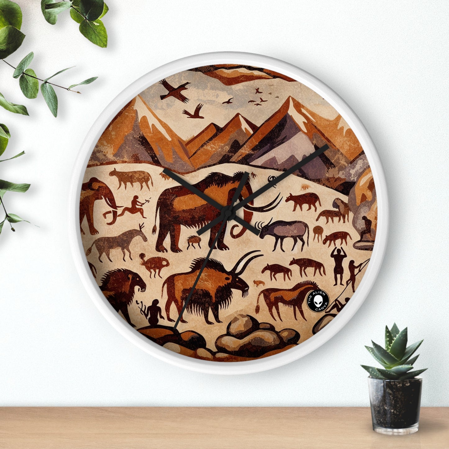 Title: "Ancient Encounter: The Battle of Giants" - The Alien Wall Clock Cave Painting