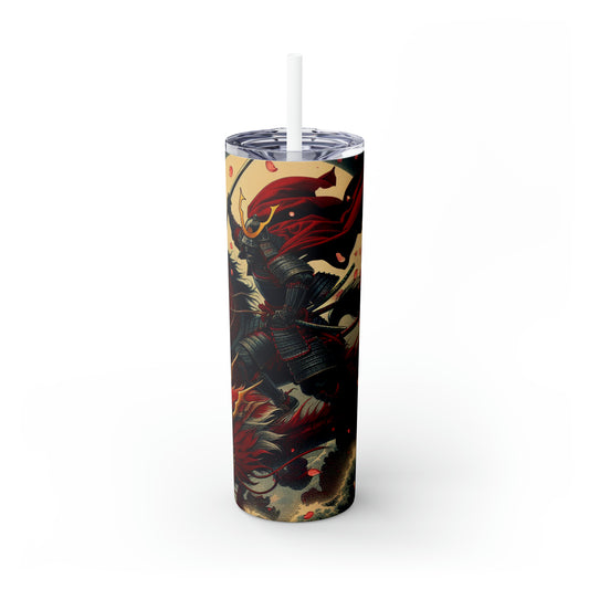 "Storming into Battle: A Samurai's Tale" - The Alien Maars® Skinny Tumbler with Straw 20oz Ukiyo-e (Japanese Woodblock Printing) Style