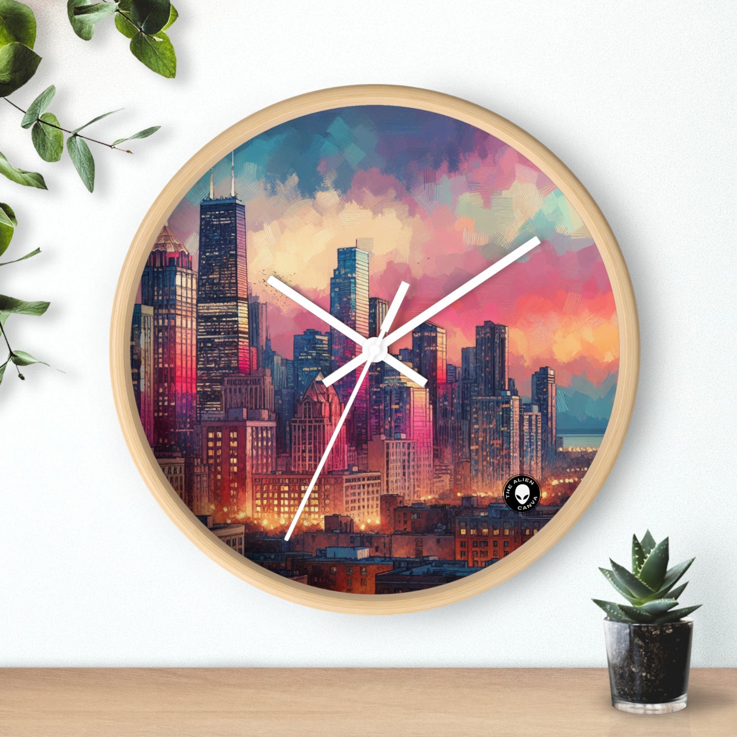 "Dusky Reflections: City Skyline at Sunset" - The Alien Wall Clock