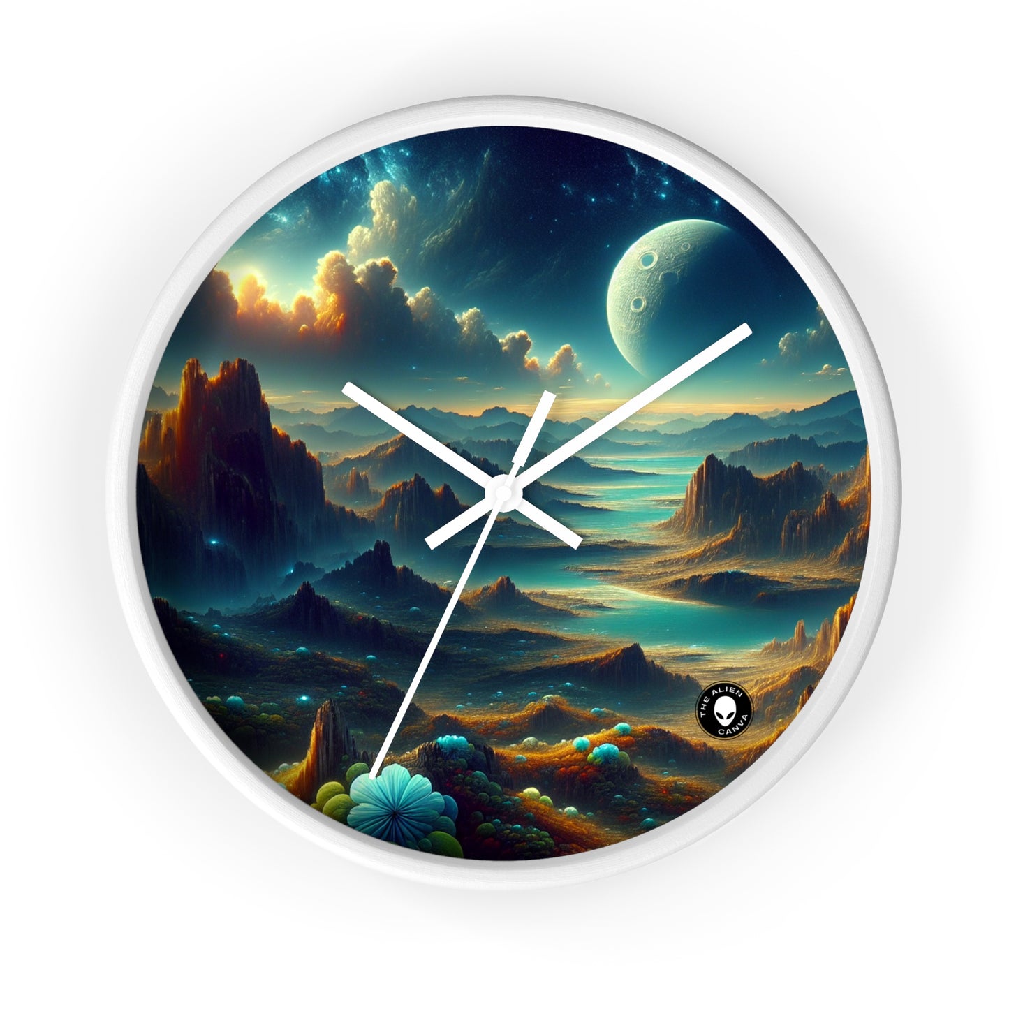 "Un Sueño Extraño: Un Mundo Desconocido en Detalle" - The Alien Wall Clock planetas no descubiertos en estilo hyperrealista