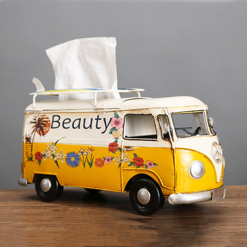 Multicolor Flower Bus Model Figurines Retro Car Tissue Box Home Decoration Ornaments Crafts