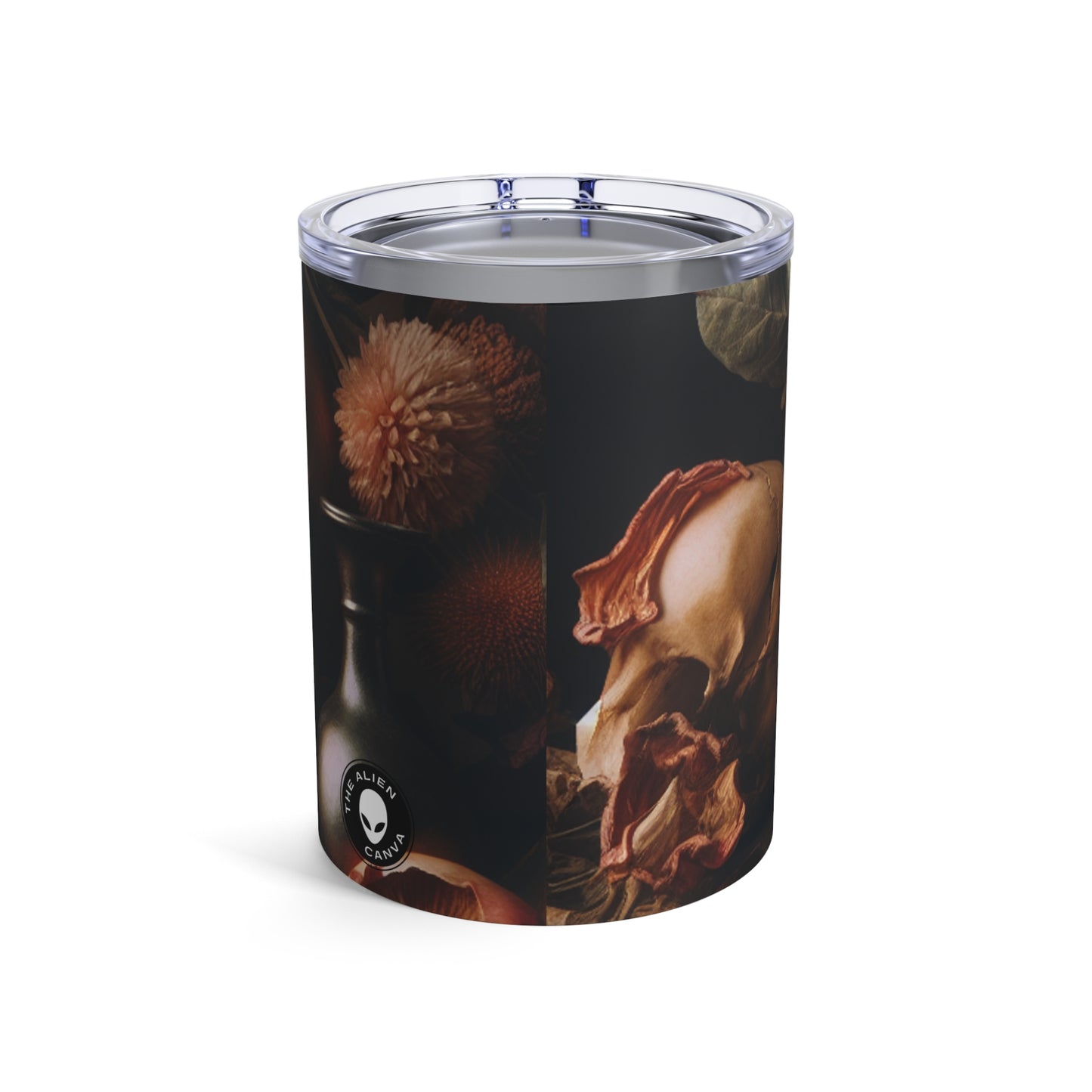 "Belleza fugaz: una pintura vibrante de Vanitas que representa el paso del tiempo y la naturaleza transitoria de la vida" - The Alien Tumbler 10oz Vanitas Painting