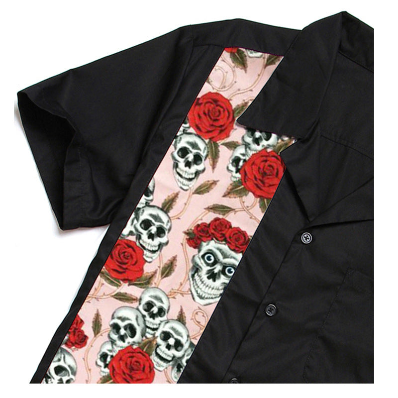 Camisa retro de patchwork de manga corta con estampado de calavera para hombre