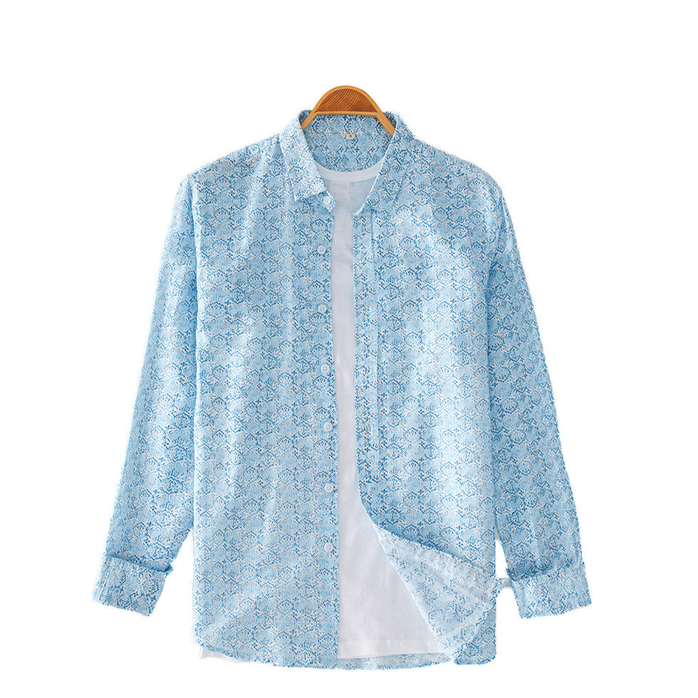 Printed Cotton And Linen Small Lapel Men's Shirt