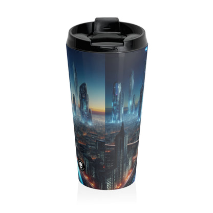 "Neon Skyline: Future Cityscapes": taza de viaje de acero inoxidable de Alien