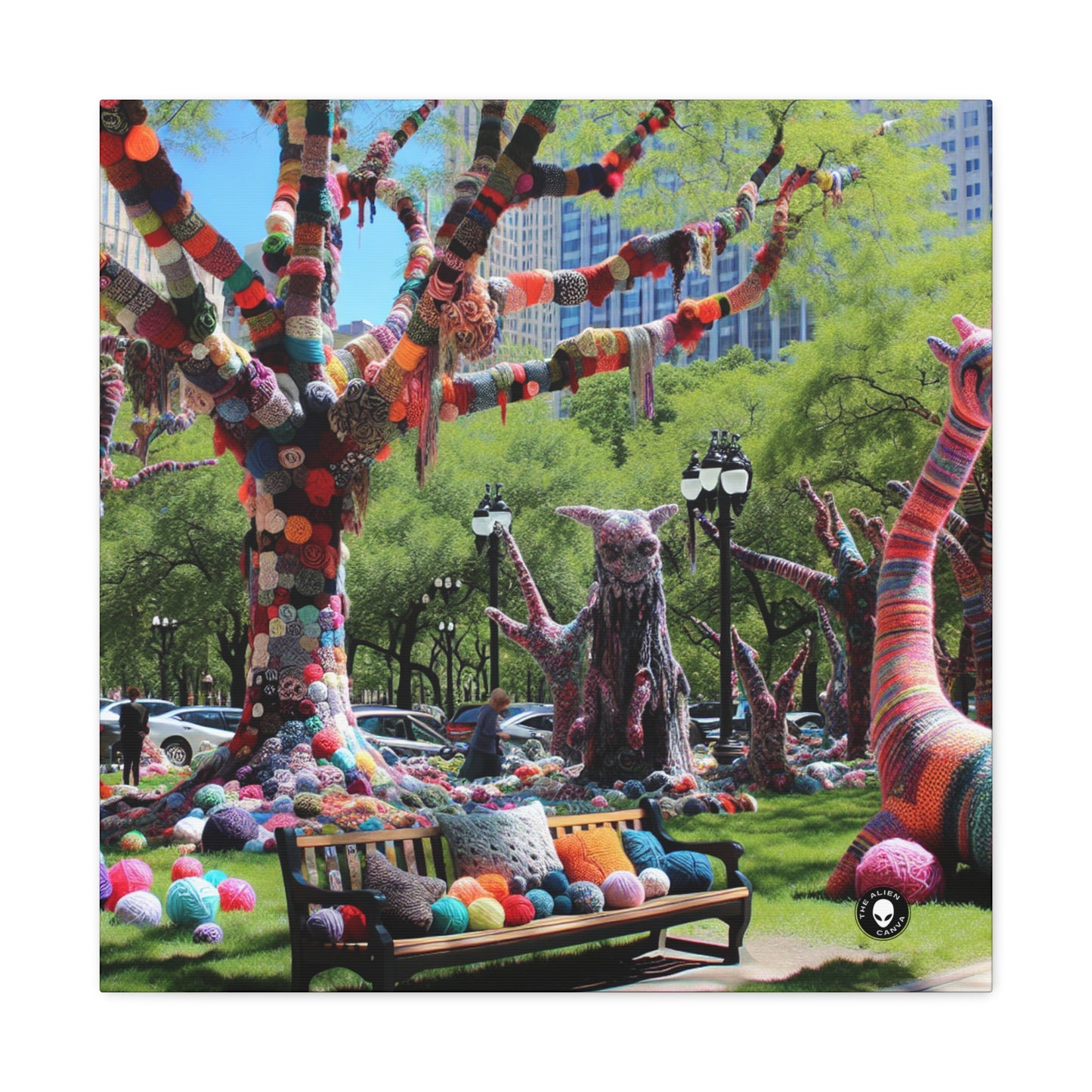 Title: "Yarnscaped City: A Whimsical Fiber Art Fusion" - The Alien Canva Yarn Bombing (Fiber Art)