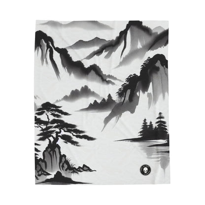 "Mountain Reflection: A Serene Zen Ink Painting" - The Alien Velveteen Plush Blanket Zen Ink Painting