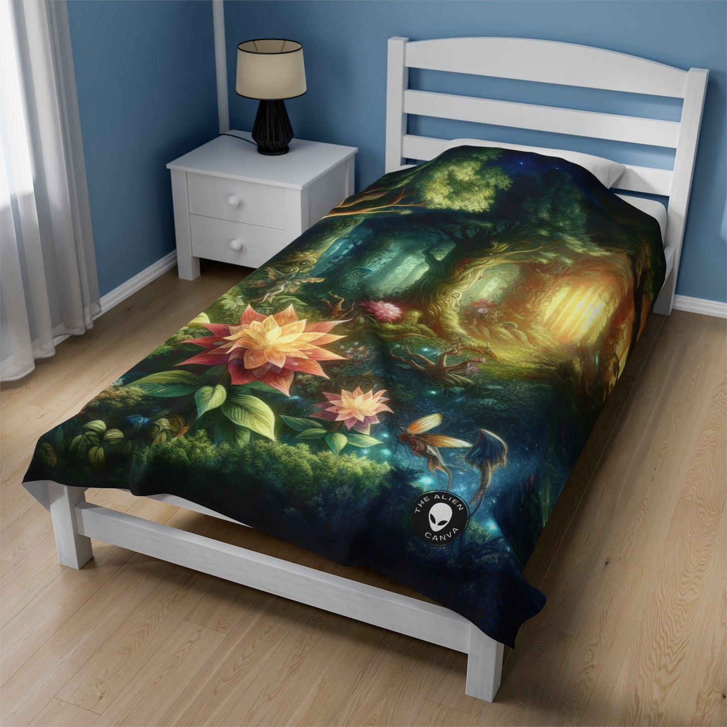 Enchanted Woodland: Glowing Blossoms and Mystical Beings - The Alien Velveteen Plush Blanket