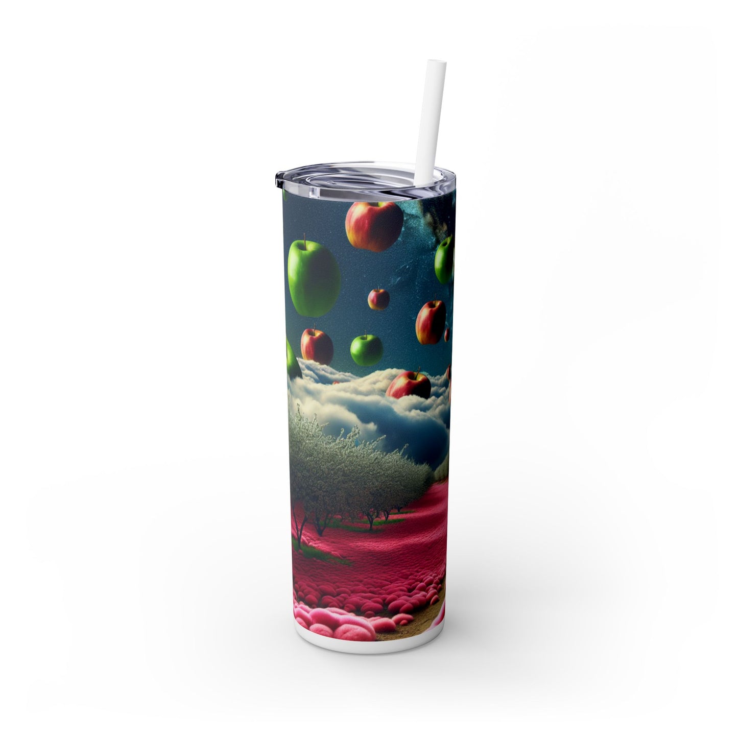 "Apple Sky and Pink Flower Carpet: A Surreal Landscape" - The Alien Maars® Skinny Tumbler with Straw 20oz