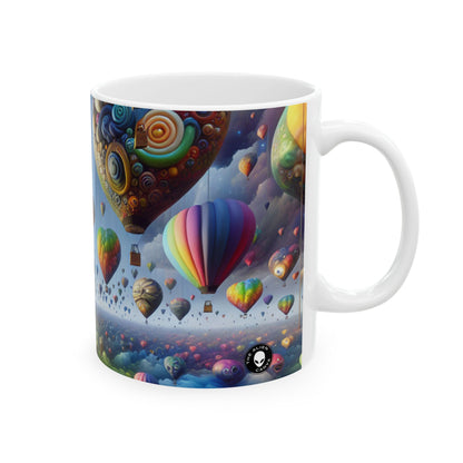 "Horizonte emocional: un paisaje surrealista con globos" - Taza de cerámica The Alien de 11 oz