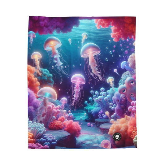 Enchanting Underwater Realm: Glowing Jellyfish and Curious Octopus - The Alien Velveteen Plush Blanket