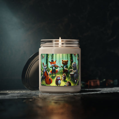 "Melodious Menagerie: Animales musicales en el bosque encantado" - Vela de soja con aroma a alienígena de 9 oz