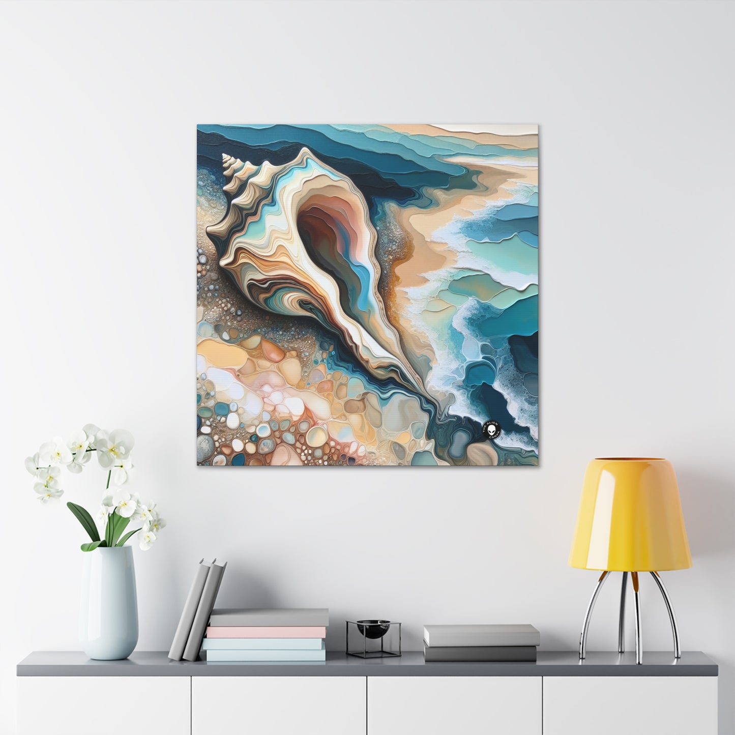 "Una vista de la playa a través de una concha marina" - The Alien Canva Acrylic Pouring