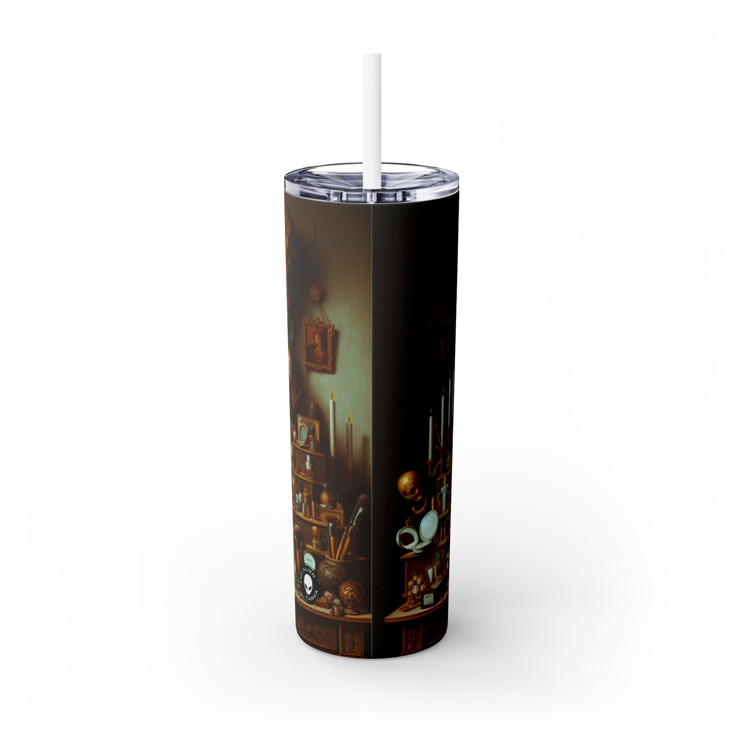 "The Vanity of Luxury: A Modernized Vanitas" - The Alien Maars® Skinny Tumbler with Straw 20oz Vanitas Painting