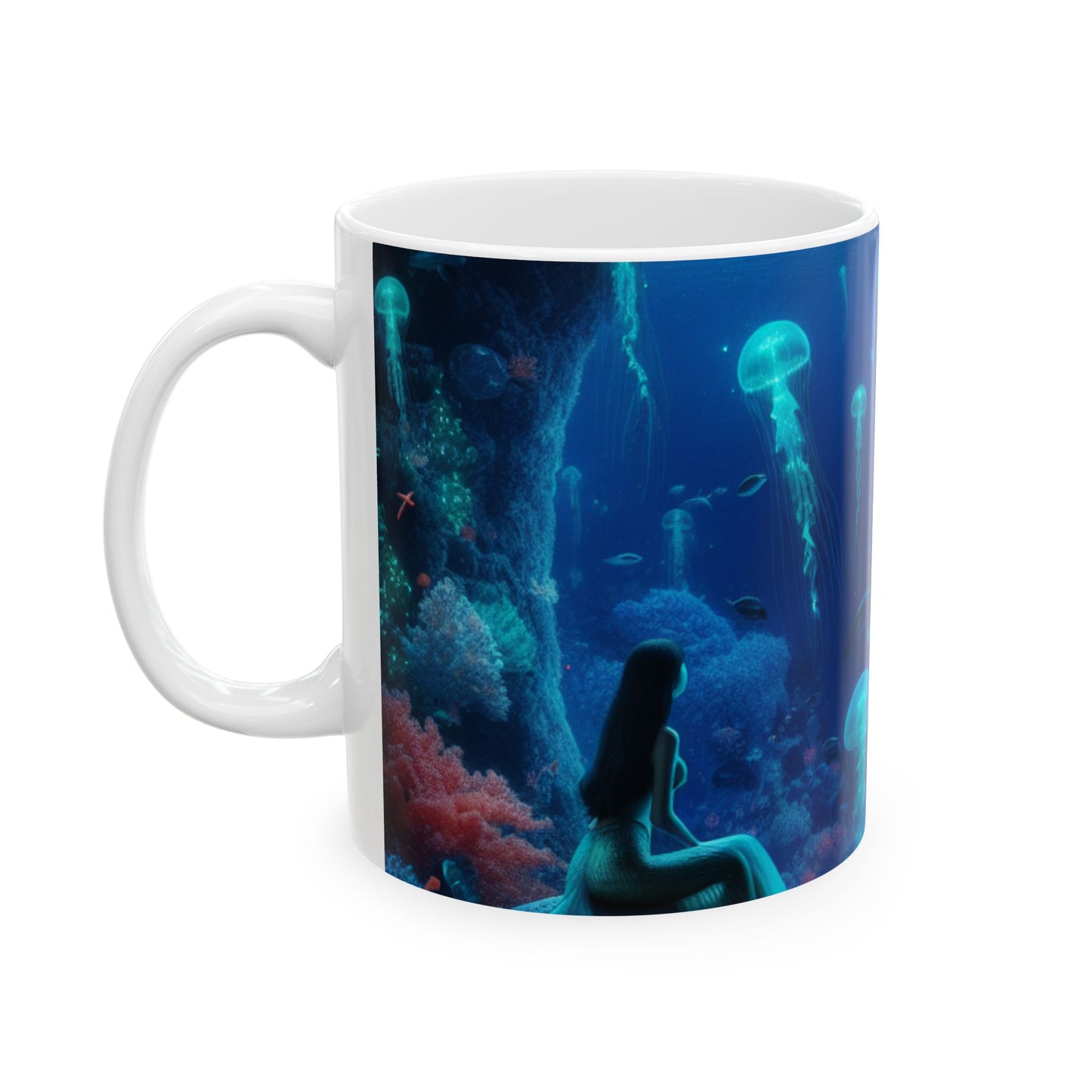 "La serenidad de las sirenas: un ballet de medusas" - Taza de cerámica alienígena de 11 oz