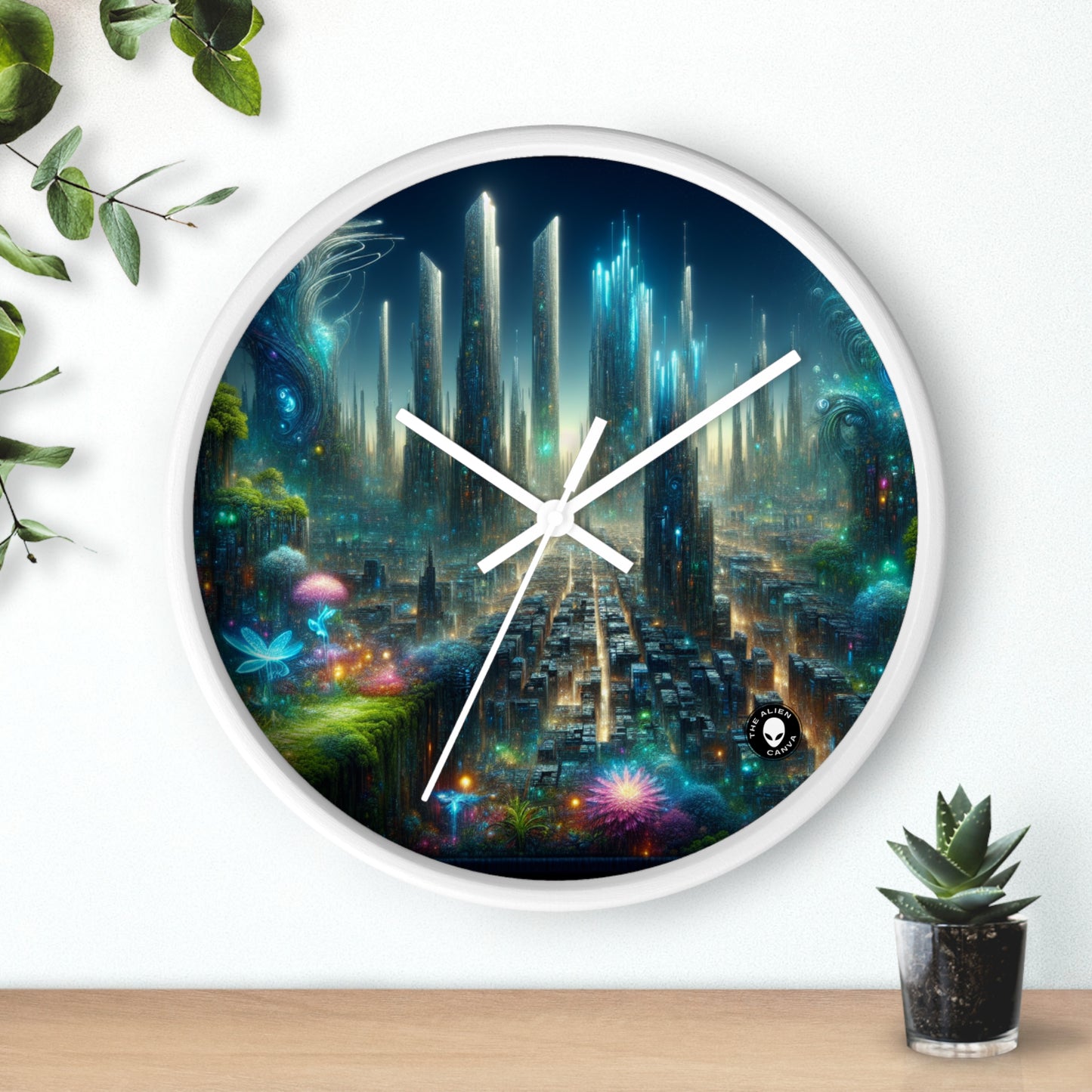 « Neon Oasis : un pays des merveilles urbain futuriste » – L'horloge murale Alien