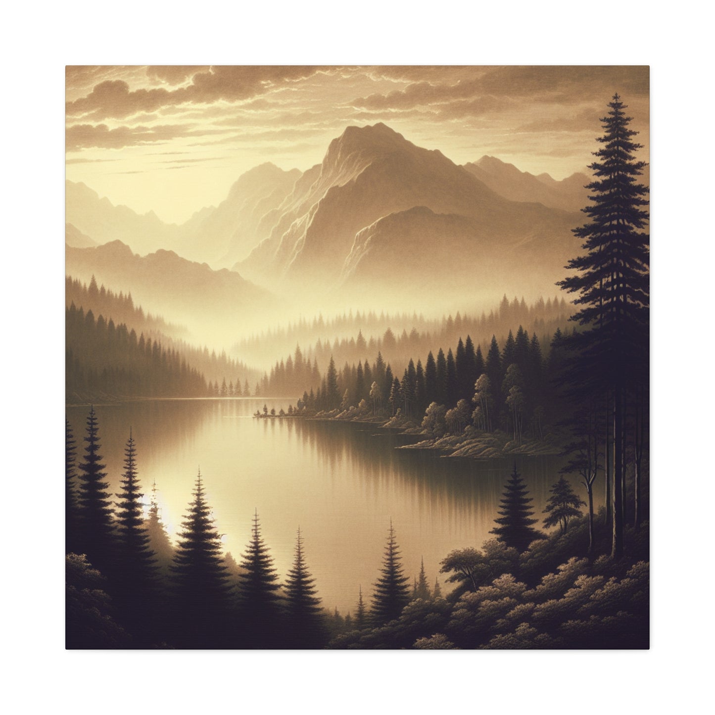 "Dawn at the Lake: A Foggy Mountain Morning" - The Alien Canva Tonalism Style