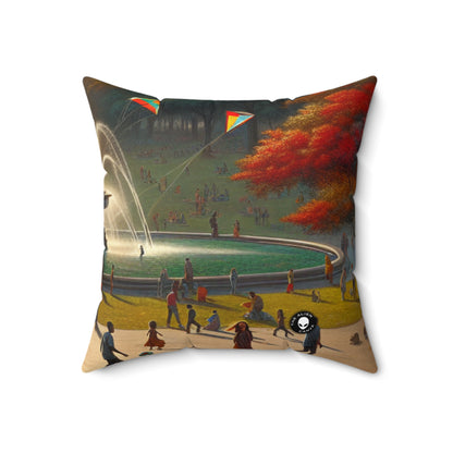 "Neon Rainfall: A Vibrant Cityscape at Dusk"- The Alien Spun Polyester Square Pillow Photographic Realism