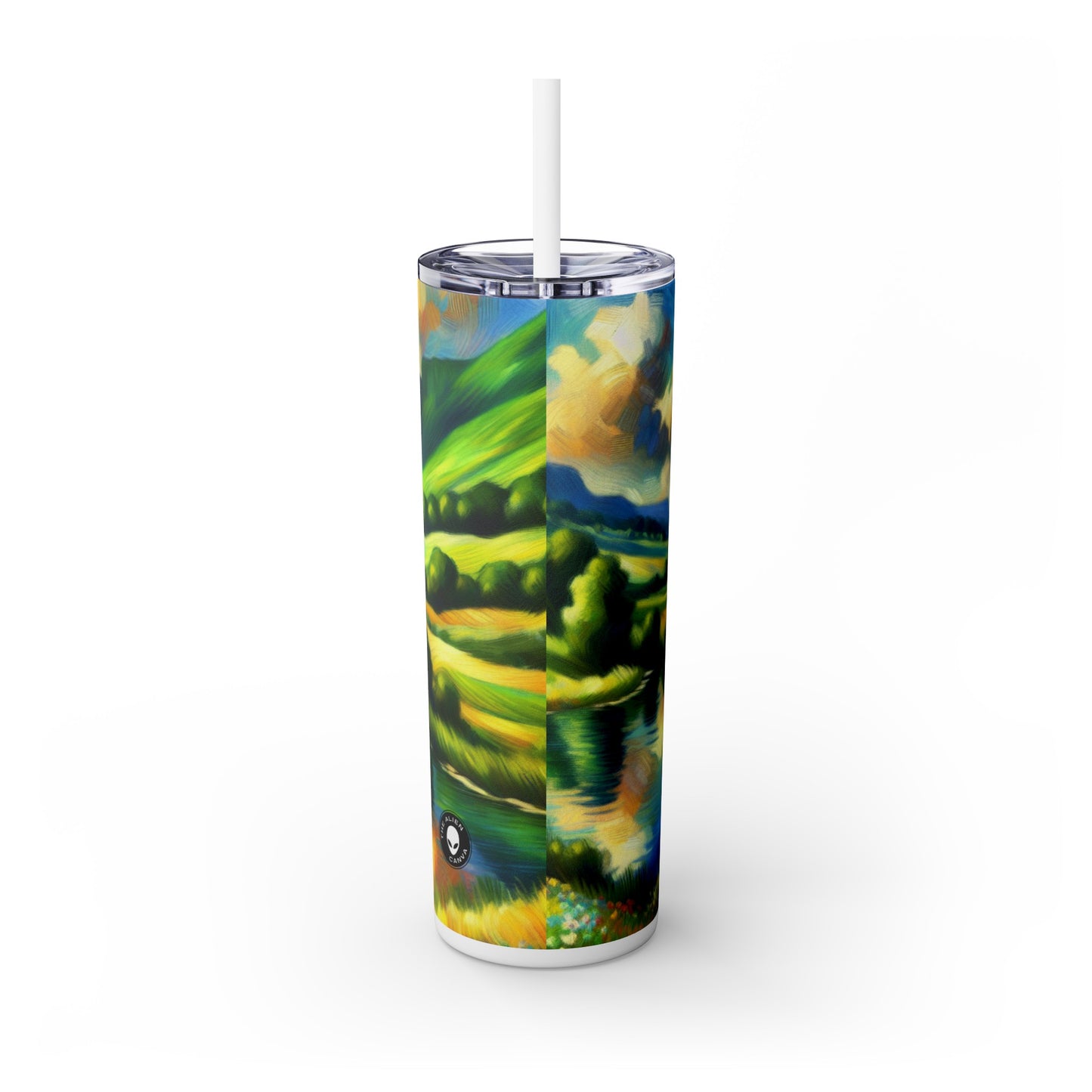 "Serenity at Sunset: An Impressionistic Meadow" - The Alien Maars® Skinny Tumbler with Straw 20oz Impressionism