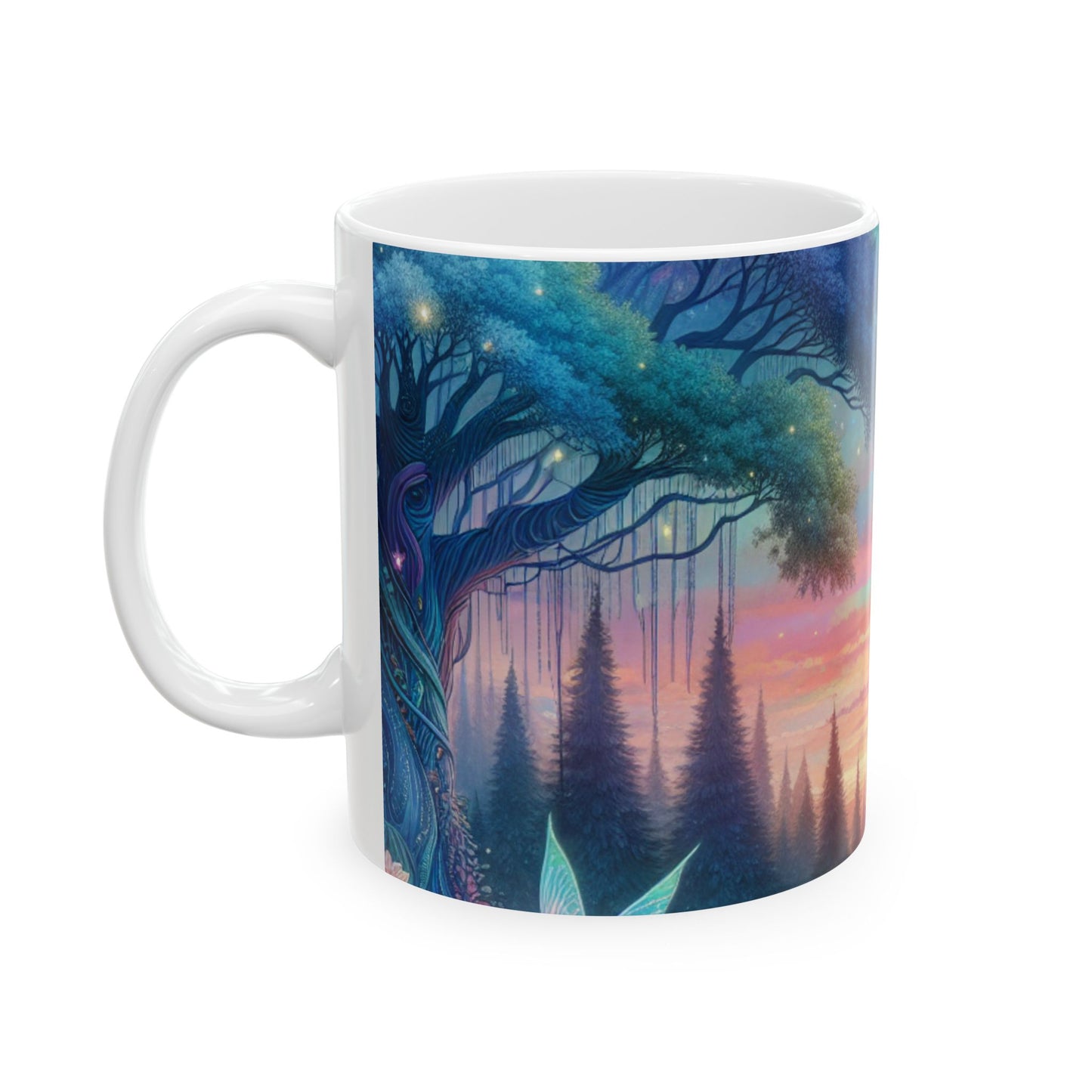 "Atardecer encantado: una pintura de un bosque mágico" - Taza de cerámica alienígena de 11 oz