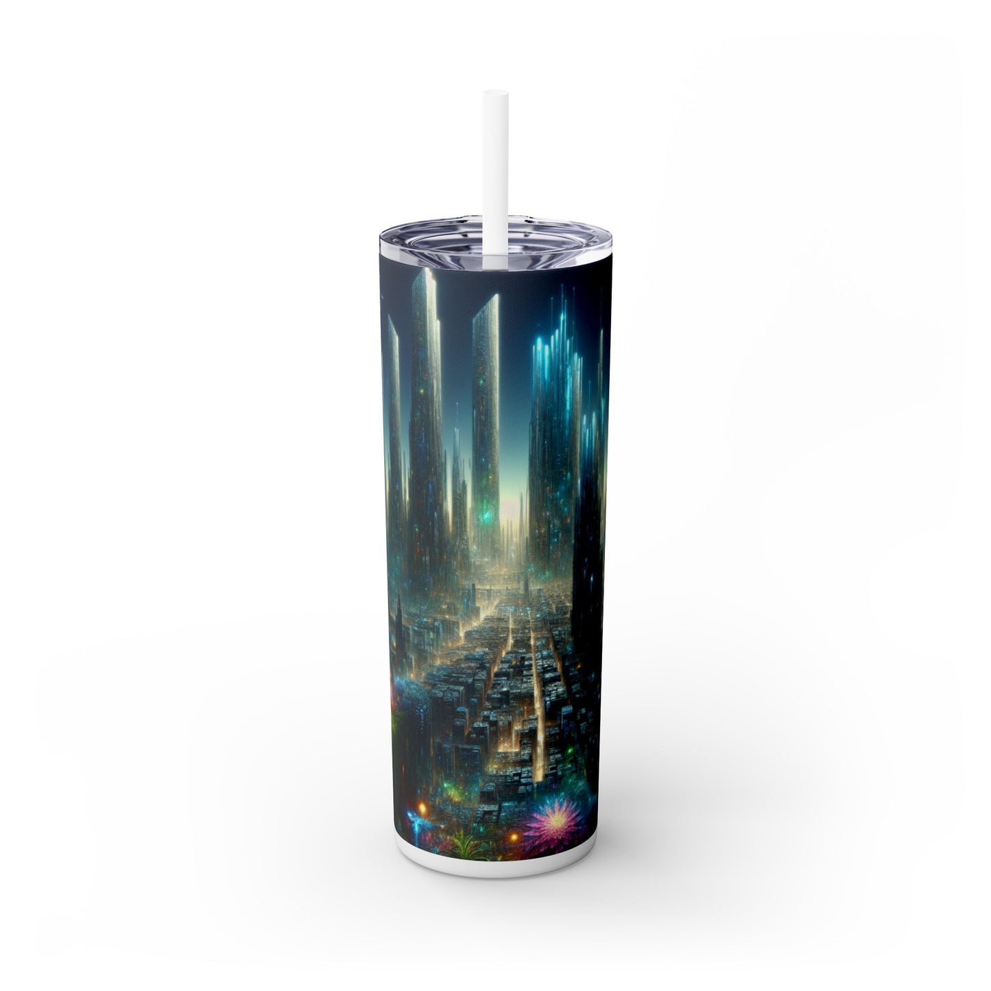 « Neon Oasis : un pays des merveilles urbain futuriste » - Le verre fin Alien Maars® avec paille 20 oz