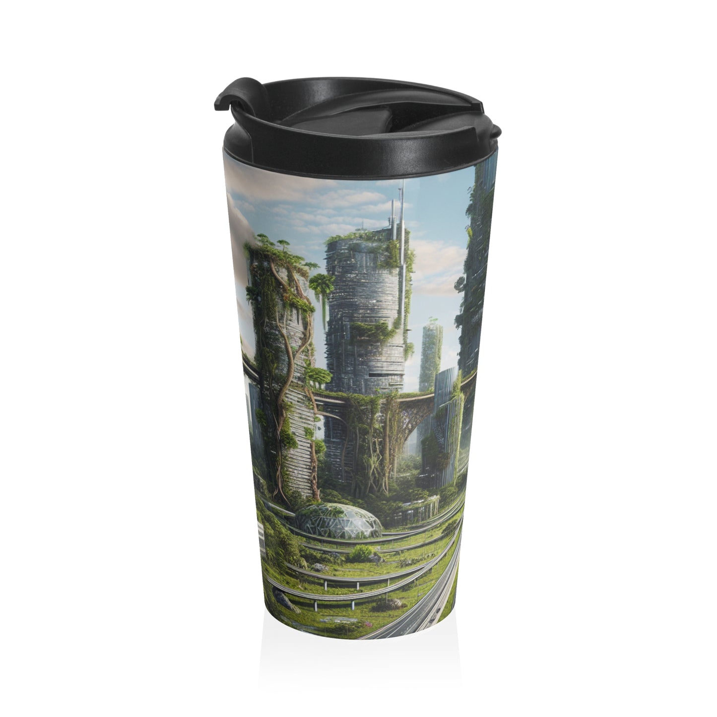 "Nature's Reclamation: A Futuristic Cityscape" - The Alien Stainless Steel Travel Mug