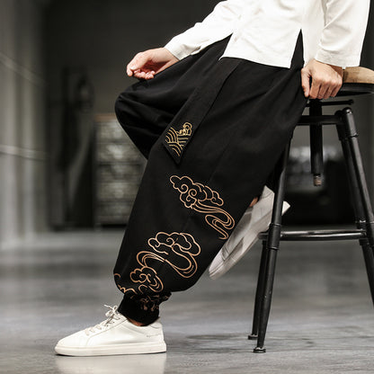 Nuevos pantalones de estilo chino para hombre, pantalones holgados de pierna ancha estampados de talla grande