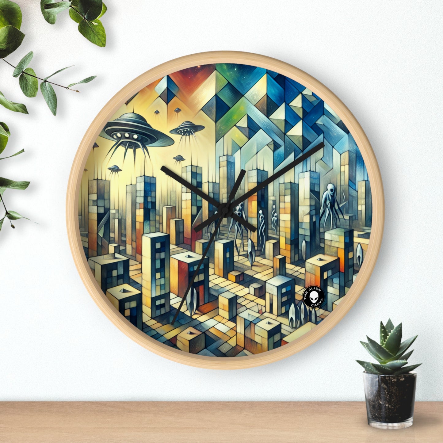 "Cubisme dans une ville futuriste envahie par des extraterrestres". - The Alien Wall Clock Une ville futuriste envahie par des extraterrestres dans un style artistique cubiste