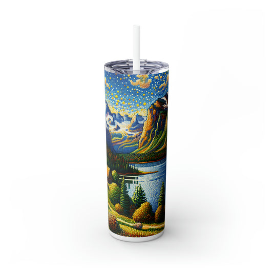 "Tranquil Sunset: A Pointillist Masterpiece of Serene Countryside" - The Alien Maars® Skinny Tumbler with Straw 20oz Pointillism