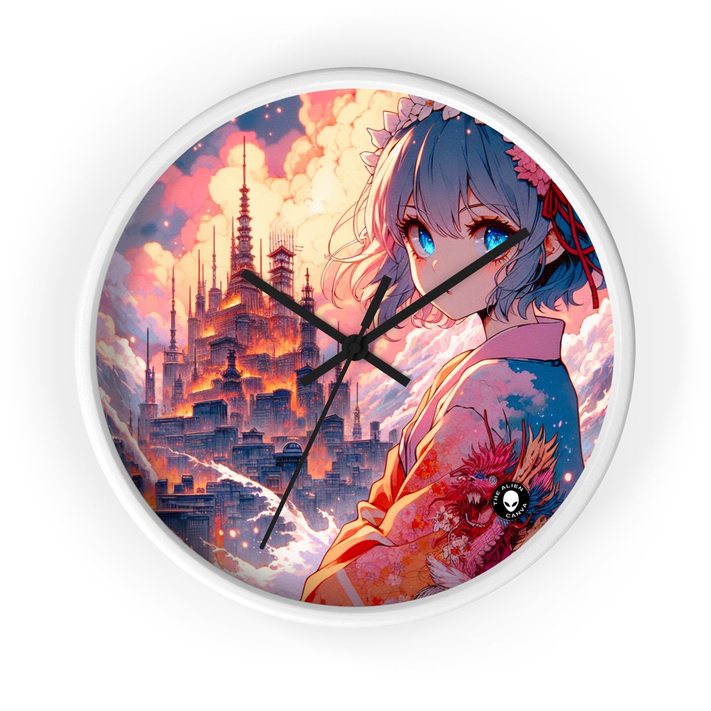 Título: "Swords ablaze: The Elemental Duel" - The Alien Wall Clock Manga/Anime Art