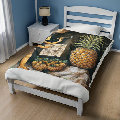 "Pineapple Harvest" - The Alien Velveteen Plush Blanket Cave Painting Style