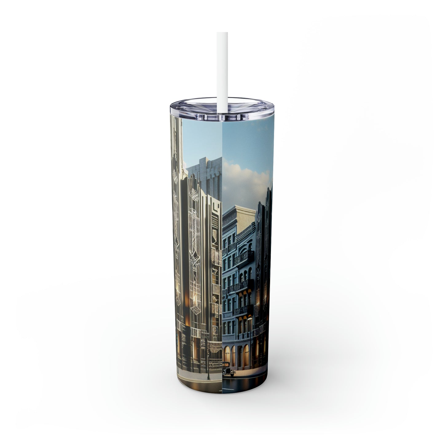 "Illuminating Elegance: An Art Deco City Street" - The Alien Maars® Skinny Tumbler with Straw 20oz Art Deco Style