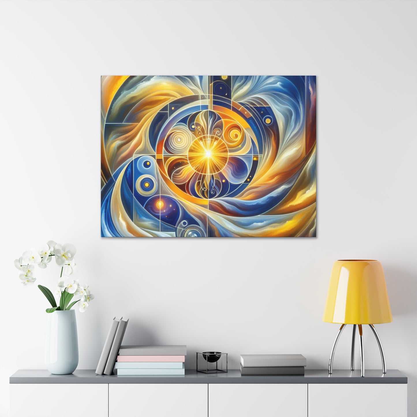 "Divinidad ascendente: un despertar espiritual en una geometría vibrante" - El estilo de arte religioso Alien Canva