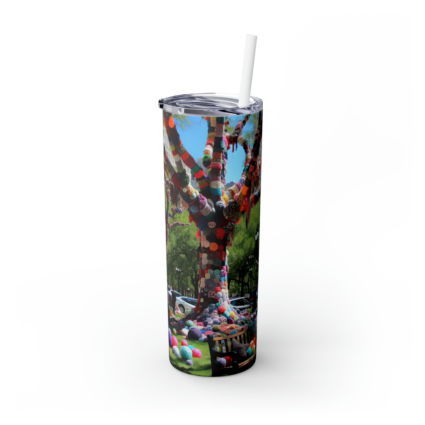 Titre : « Yarnscaped City : A Whimsical Fiber Art Fusion » - The Alien Maars® Skinny Tumbler avec paille 20oz Yarn Bombing (Fiber Art)