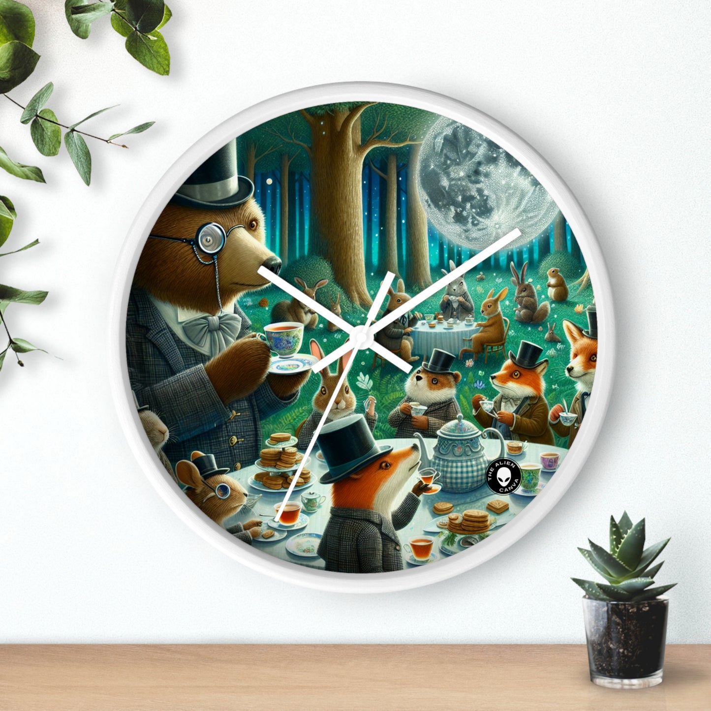 "Fiesta de té encantada a la luz de la luna en el bosque" - El reloj de pared alienígena