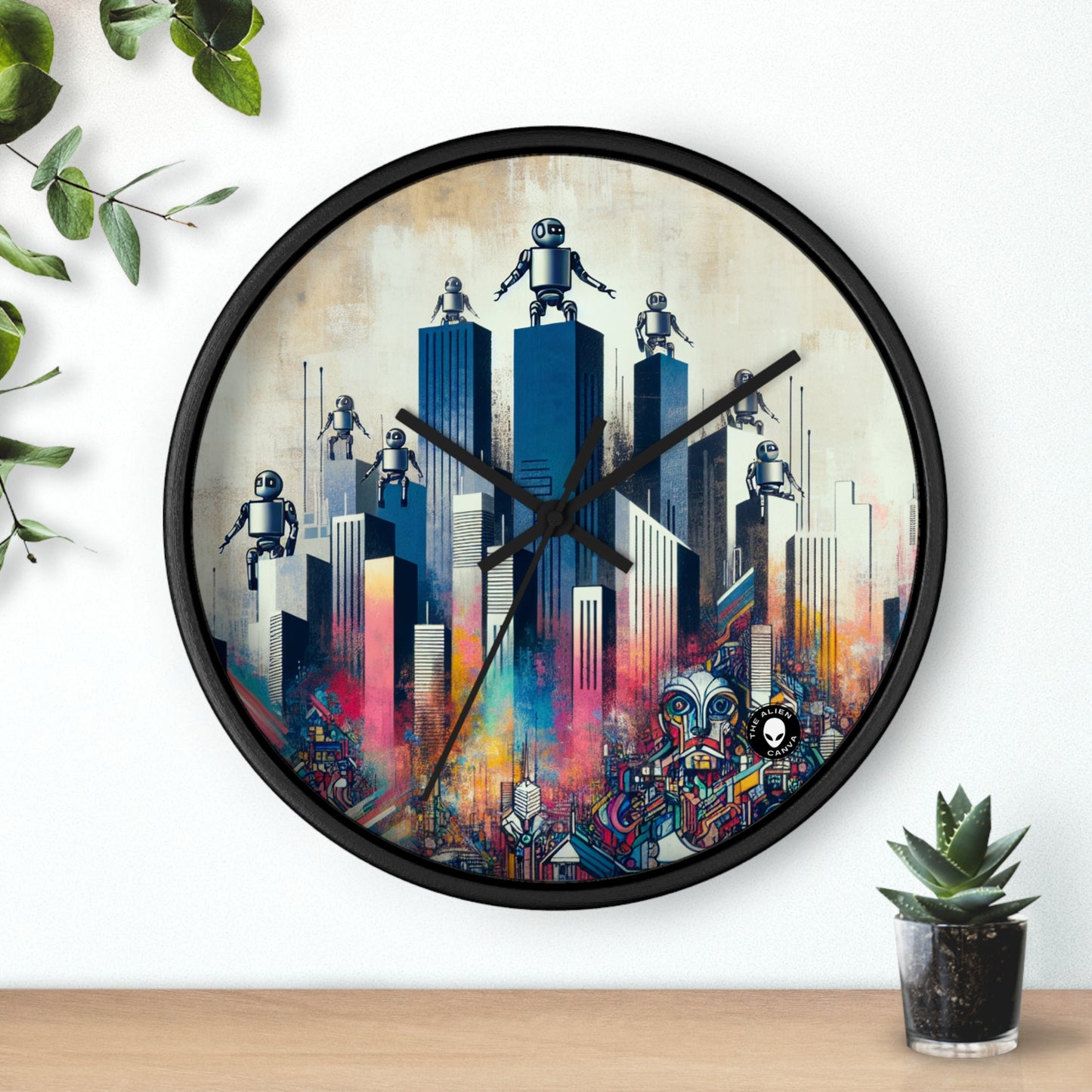 "Robotic Cityscape: A Futuristic Mural" - The Alien Wall Clock Street Art / Graffiti